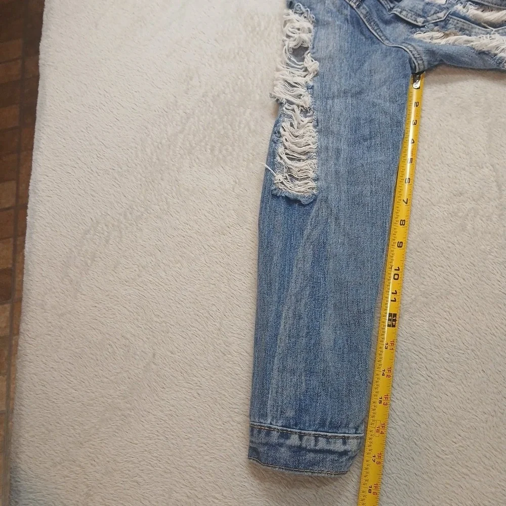 ChiQle Extreme Ripped Cropped  Denim Jacket Women's Size Large Preppy Concert.